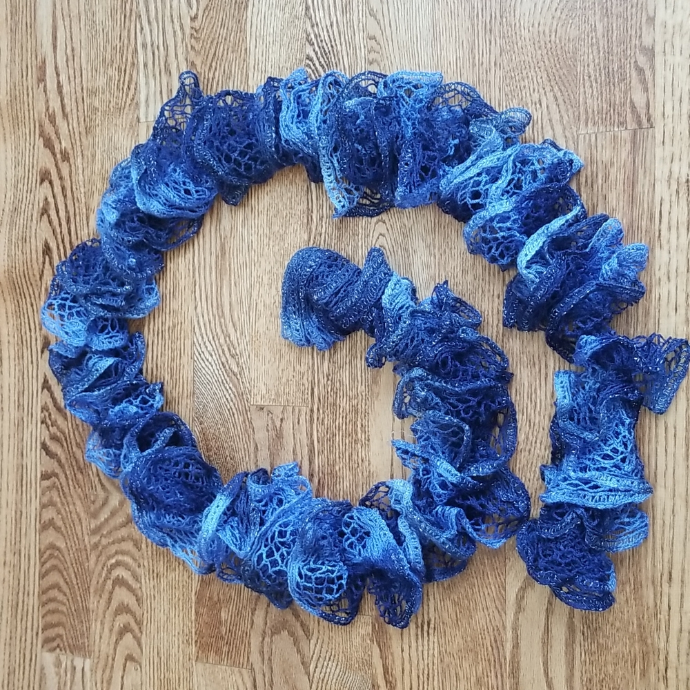 Shades of Blue Crochet Ruffle Scarf  Silver Thread Detailing Metallic Occasion